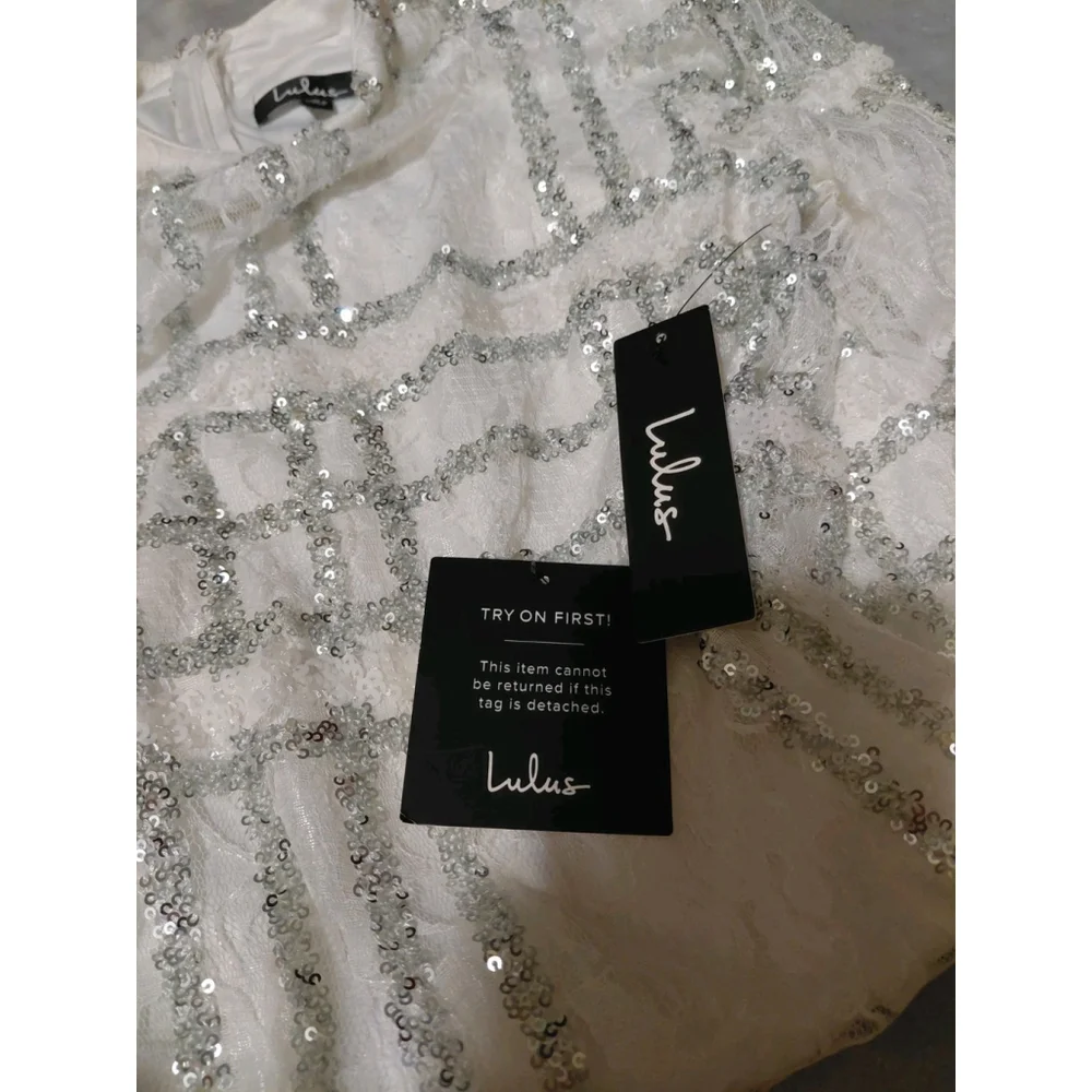 Lulus White Longsleeve Sequin Lace Mini Dress Size Small NWT